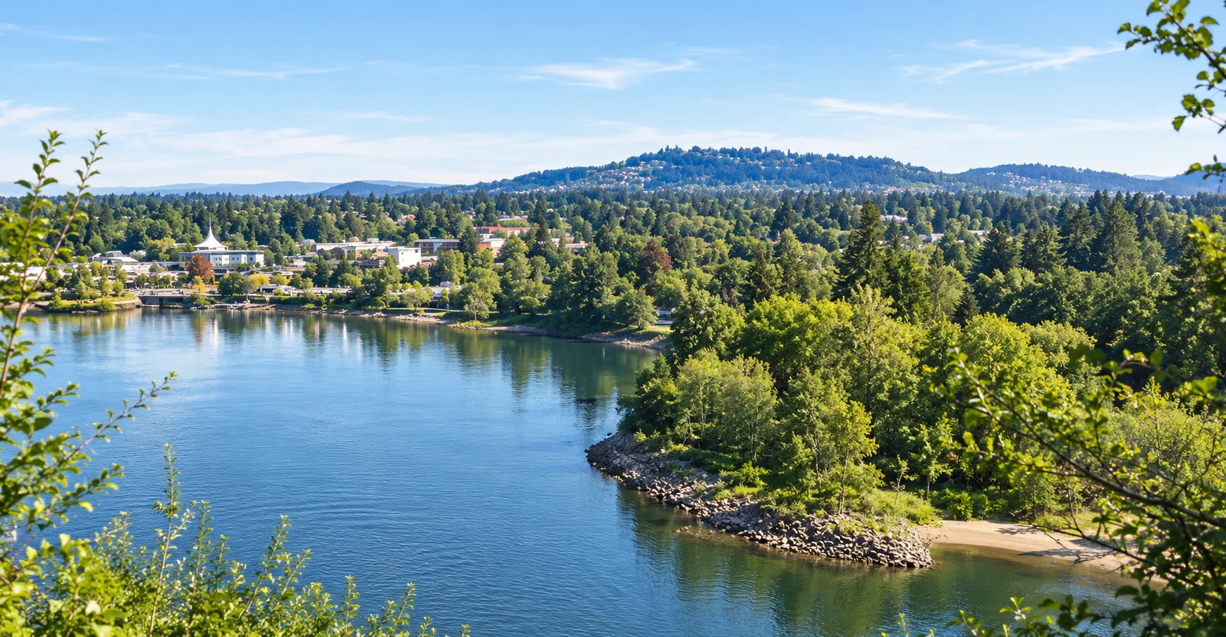 Riverfront view of Milwaukie, Oregon, with trees and hills beyond